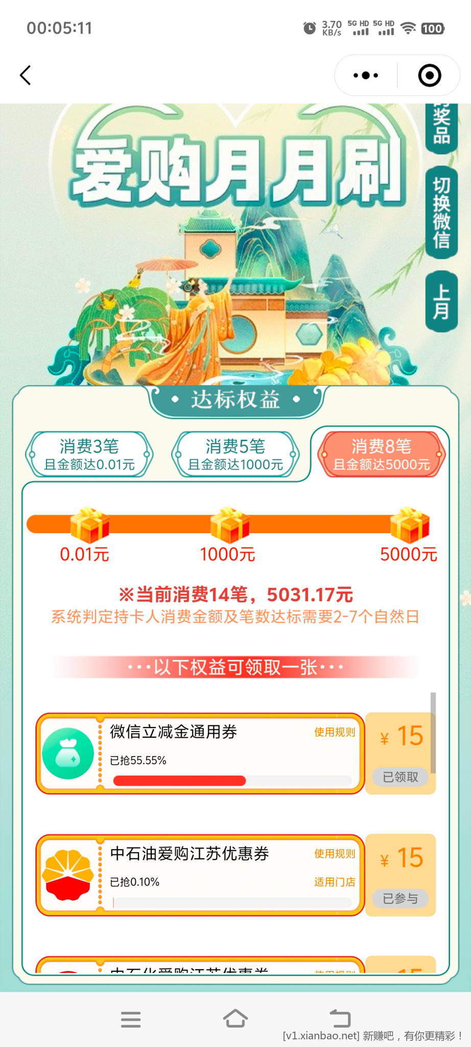 爱购月月刷，工银e生活达标领钱了，速度