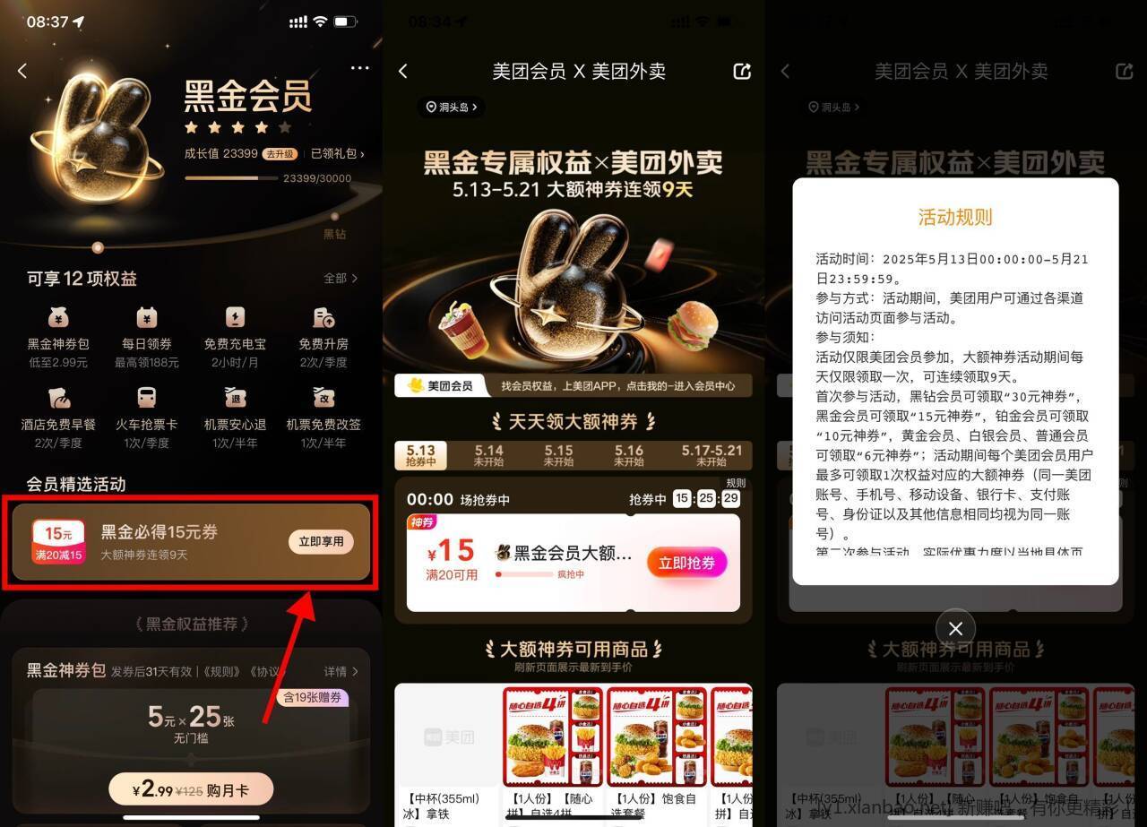 美团黑金会员领15~30亓外卖券 美团APP搜索“会员”-点击横幅进入 黑金领20-15亓券