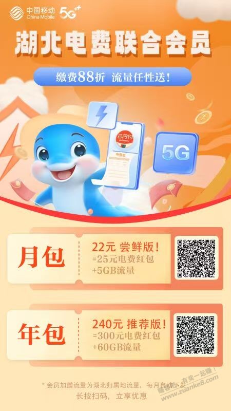 湖北移动8折电费。240话费=300电费+60G流量。